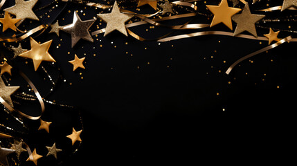 New Years Eve frame of glittery gold stars streamers - obrazy, fototapety, plakaty