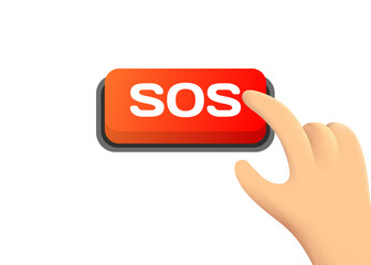 SOS button. Flat, color, hand on the button, SOS red button. Vector icon