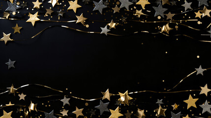 New Years Eve frame of glittery gold stars streamers