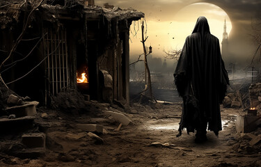 Hooded Stranger walking through abandoned City, Dark fantasy