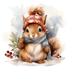 Winter squirrel ornament watercolor vector illustration. Pastel colours. 