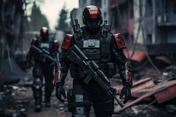 Obraz premium Futuristic Soldiers in a Dystopian City