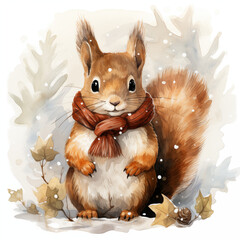 Winter squirrel ornament watercolor vector illustration. Pastel colours. 