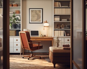 Fototapeta na wymiar Scandinavian style home office interior. Leather desk chair, lamp, drawers.