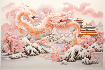 Pink dragon in a snowy landscape illustration