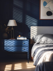 blue wall and bedside table in bedroom interior. Game of shadows on a wall from window at the sunny...