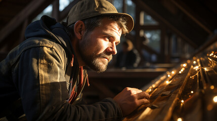 Carpenter works on a wooden table.