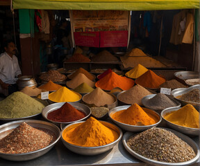 Indian Spice Market Stall with a Variety of Spices
