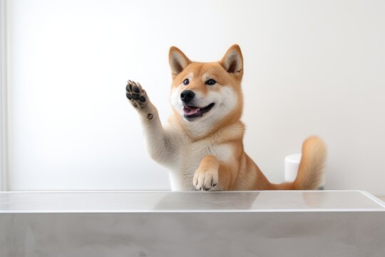 Photo of a playful Shiba Inu in a spirited pose on a clean white countertop. Generative AI