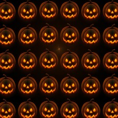 Halloween seamless pattern with scary pumpkins on dark background. Vector illustration.  Halloween spooky pumpkins with glowing eyes and grin angry smile on dark background.