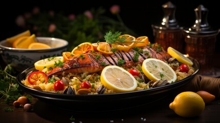 A dish of paella teeming with seafood. Generative AI.