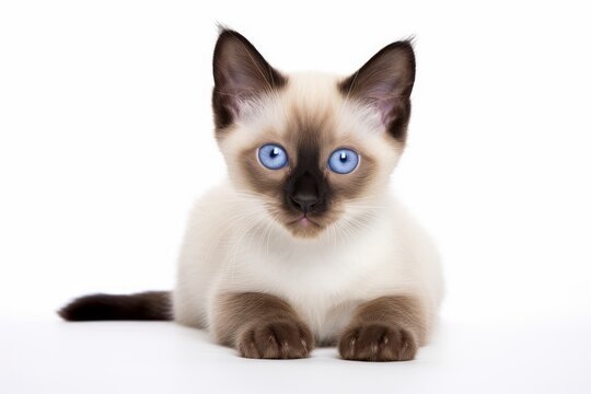 Photo of a playful Siamese kitten with striking blue eyes on a spotless white surface. Generative AI