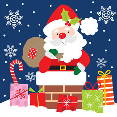 Cute Santa Claus in chimney and Christmas gifts