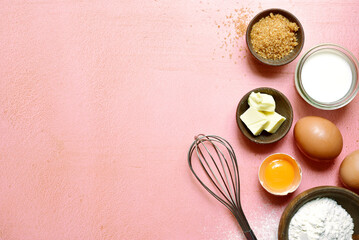 Food background with ingredients for baking. Top view with copy space.