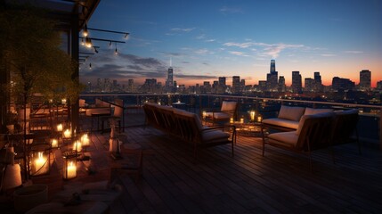 A rooftop bar with a panoramic view, mood lighting, and trendy furnishings.