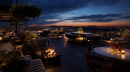 Obraz premium A rooftop bar with a panoramic view, mood lighting, and trendy furnishings.