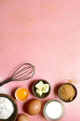 Food background with ingredients for baking. Top view with copy space.