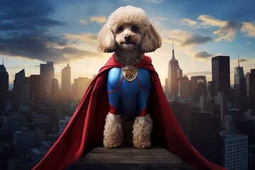 Photo of a poodle in a superhero cape, standing atop a mini cityscape. Generative AI