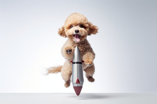 Photo of a Poodle ready for takeoff with a miniature rocket on a clean white surface. Generative AI