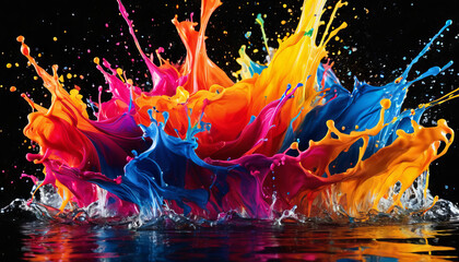 Colorful Paint splashes into water on a dark background with vibrant colors