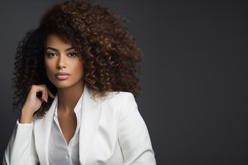 Black women with curly hair in white suit professional 