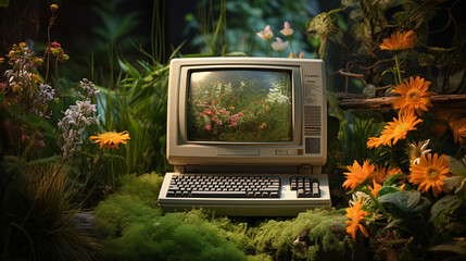 Old personal computer with grass and flowers
