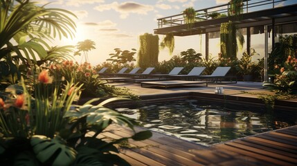 A rooftop garden with a reflecting pool and a variety of exotic plant species. - obrazy, fototapety, plakaty