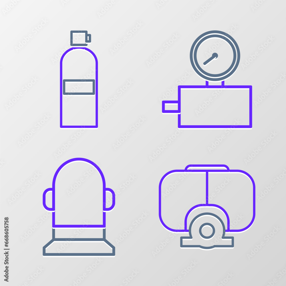 Poster Set line Diving mask, Buoy, Gauge scale and Aqualung icon. Vector