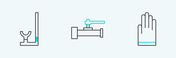 Set line Gloves, Snorkel and Industry metallic pipes and valve icon. Vector