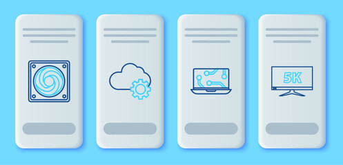Set line Cloud technology data transfer and storage, Laptop, Computer cooler and Monitor display with 5k video icon. Vector