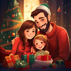 Fototapeta na wymiar Holiday Cheer Cute Family Celebrating Christmas in Colorful Vector Art