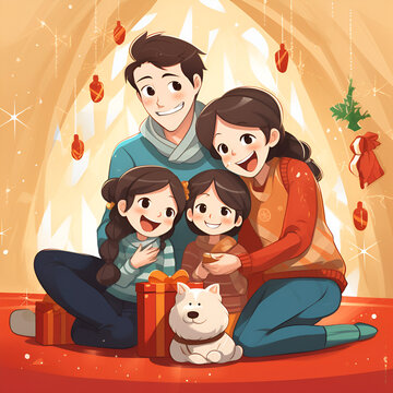 Colorful Christmas Festivities Happy Family Under the Tree in Vector Art Style