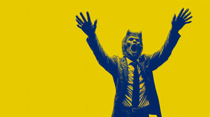 On a yellow background there is a werewolf dressed