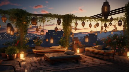 A rooftop garden with hanging lanterns, cozy nooks, and panoramic views.