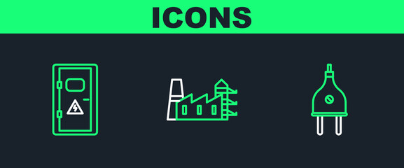 Set line Electric plug, Electrical cabinet and Power station plant and factory icon. Vector