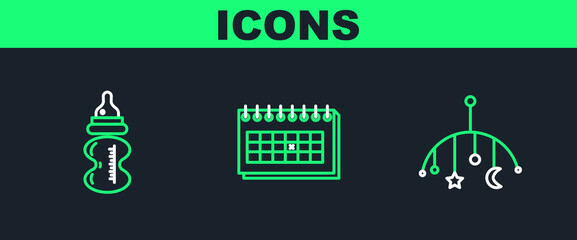 Set line Baby crib hanging toys, bottle and Calendar icon. Vector