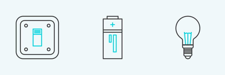 Set line Light bulb with concept of idea, Electric light switch and Battery icon. Vector
