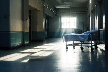 a lone hospital gurney in a brightly lit hallway