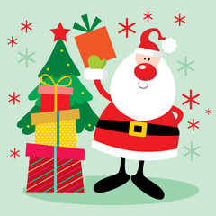 Cute Santa Claus with Christmas tree and gifts