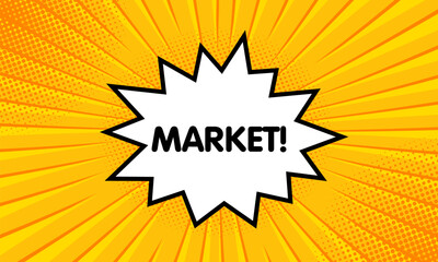 Market sign. Flat, yellow, explosion sign, market sign. Vector icon