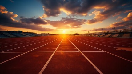 An empty running track with morning. Generative AI.