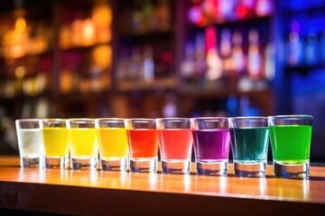 a line of colorful, mixed cocktails on a bar counter
