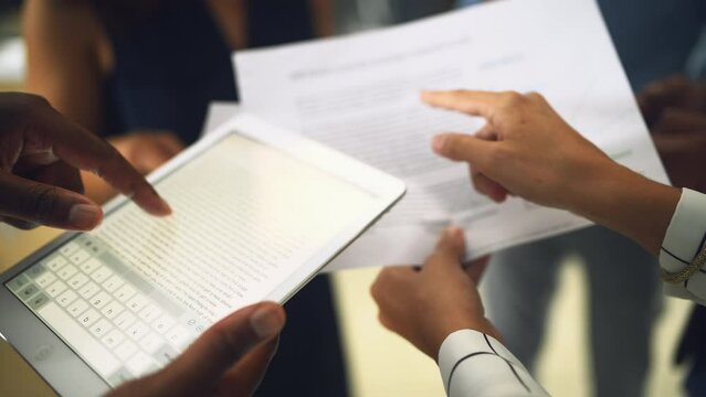 Businesspeople, hands and document with tablet for strategy in office with internet, reading or typing. Group, mentor and advice for preparation of paper with guidance, teamwork and collaboration