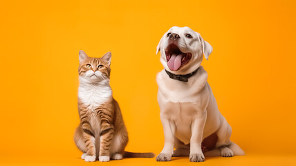 portrait of dog and cat in pestel background.friend and relationship of pet concepts