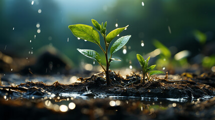 Young plant with drop of water. - obrazy, fototapety, plakaty