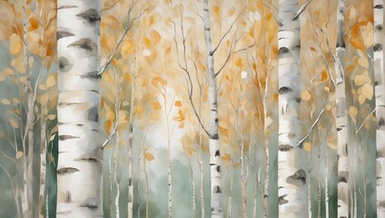 birch trees, watercolor, forest, trees background - obrazy, fototapety, plakaty
