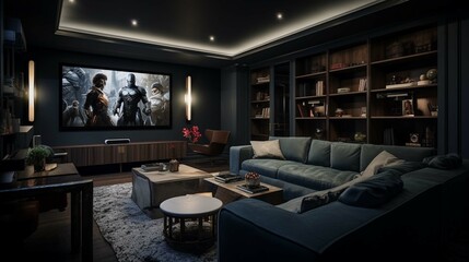 The media theatre room is designed with dark-colored walls and features a grey sofa. It is equipped with a popcorn machine and a movie screen, creating a cozy yet entertaining space. 3D rendering