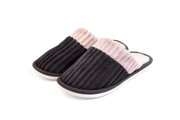 Men's grey house slippers isolated on white background.