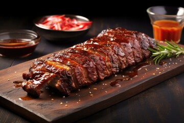 ribs charred and glazed with sauce on slate board