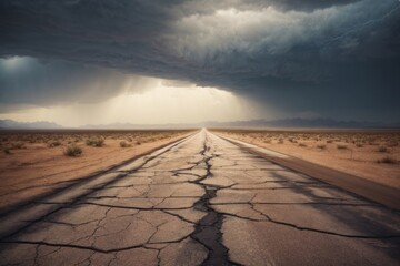 Cloudy day, thunderclouds and rain, asphalt road with cracks due to heat, sun, earthquake, natural disasters - obrazy, fototapety, plakaty